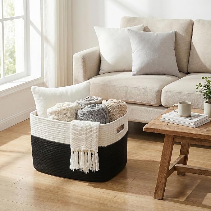 JMvicyroam 65L Large Woven Cotton Rope Blanket Basket, White&Black | Blanket storage for living room or bedroom use, Freestanding with reinforced handles, Entire basket is machine washable