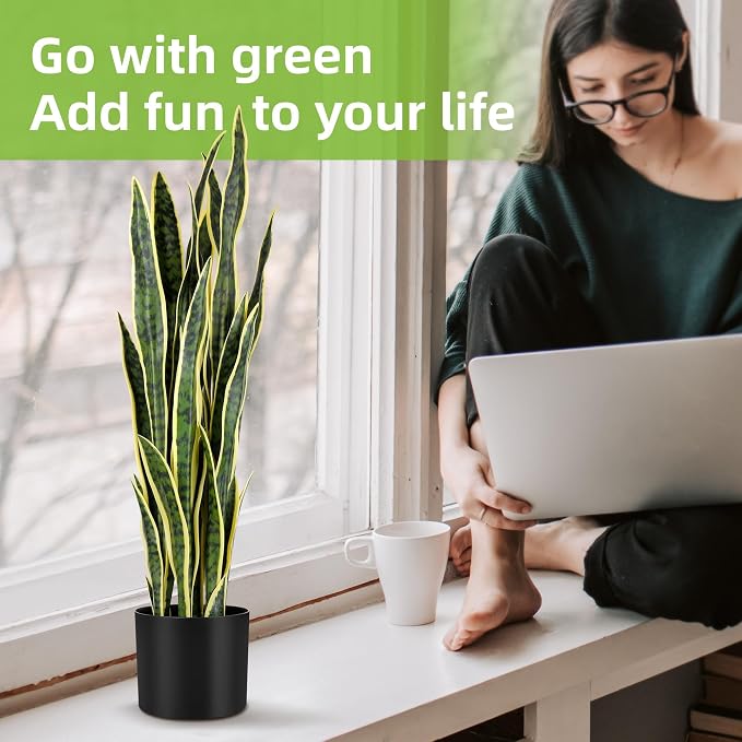 KOL 3ft 2PCS Artificial Snake Plant, 35in Faux Sansevieria with PVC Lifelike Leaves for Indoor Home & Garden Decor, Potted Mother-in-Law's Tongue Plants, Yellow