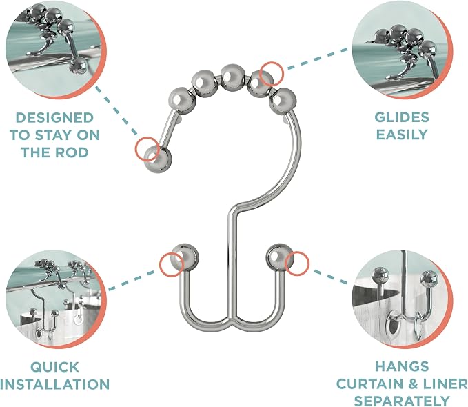 Zenna Home Shower Curtain Hooks, Chrome, Set of 12 – Premium Shower Curtain and Liner Rings with Double Roller Glide and Double-Sided Design – Rust Resistant