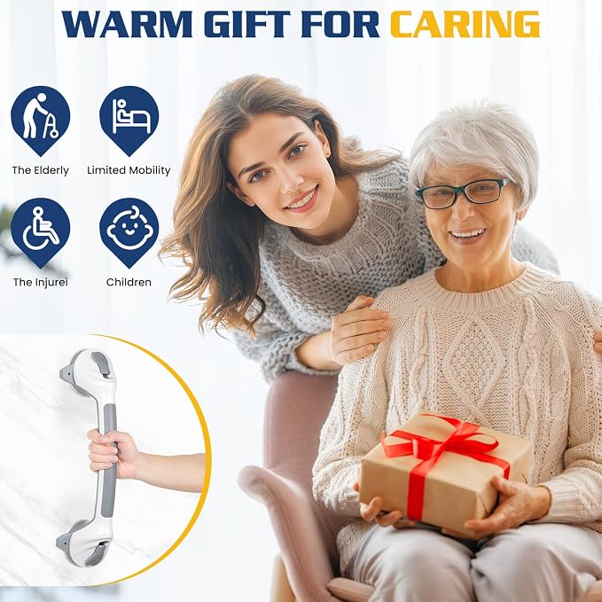KVANT Shower Grab Bars for Seniors, 16.5 Inch Shower Handle (Gray White) | Safety Signal Indicators, Strong Suction Cup, Easy Installation, No Drill, Removable, Anti-Slip, Waterproof
