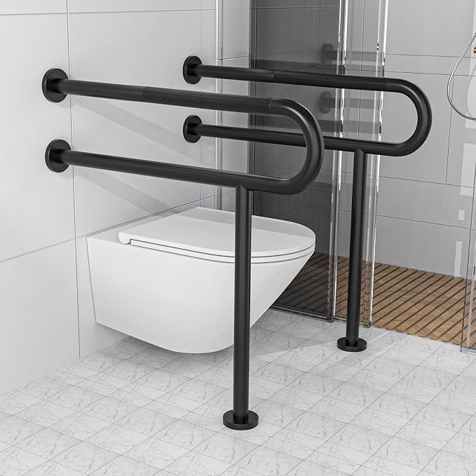 Toilet Support Rail 32 Inch, Munzong Black Handicap Grab Bar Seniors | Anti-Slip Stainless Steel Knurled Safety Handrails with Leg for Elderly Bathroom Disabled Pregnant-1.25’Tube