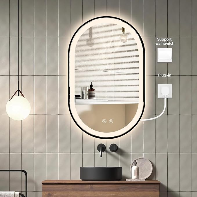 Oval LED Bathroom Mirror, Backlit + Front Lit Mirror Black Frame | 3 Color Dimmable, Anti-Fog, 32"x20", Memory Function, Shatter-Proof, HD Glass, Pill-Shaped Mirror, Vertical or Horizontal