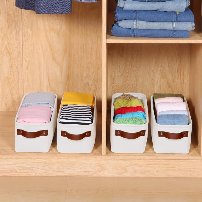 Small Fabric Storage Bins, Narrow Storage Baskets for Organizing | Long Storage Basket, with Handles, Decorative Basket, For Closets Shelves Toilet Paper, 15x6x5 inch, 4-Pack, White