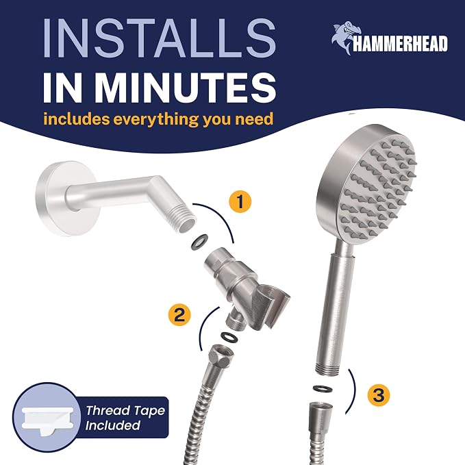 HammerHead Showers® Solid Metal Handheld Shower Head with Hose and Brass Holder - BRUSHED NICKEL - 2.5 GPM High Pressure Shower Heads with Adjustable Shower Wand Bracket - 6ft Flexible Extension