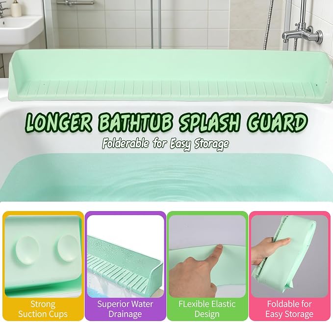 Kids Bathtub Splash Guard, Shelf & Toddler Bath Toy Tray - Green | Bathtub Splash Guard PlayPad Shelf Area with Strong Suction Cups, Bathtub Ledge Guard, Fun Bath Time for Toddlers Baby