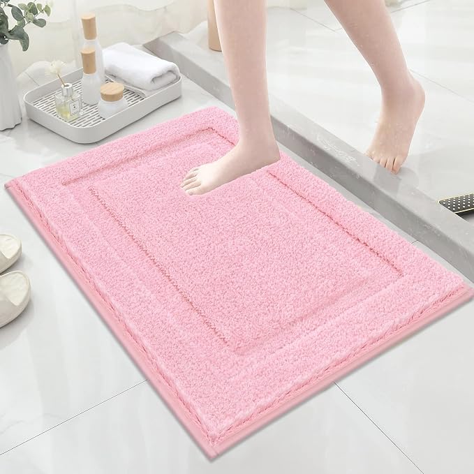 SHACOS Soft Microfiber Bathroom Rugs Set of 2 Pieces, Pink | 47x20 + 32x20, Absorbent Plush Bath Rugs, Non Slip Washable Shaggy Bath Mats, Fluffy Bathroom Runner Floor Mats Shower Rug
