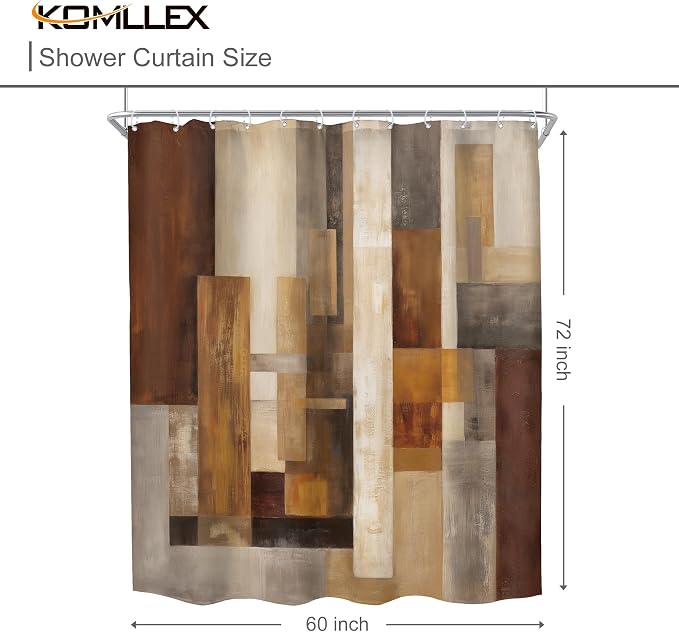 Brown Shower Curtain Rustic Tan Abstarct Wooden Bathroom Curtain Set | 60Wx72H Retro Block Geometric Farmhouse Waterproof Hd Print With Fast-Drying Fabric And 12 Hooks