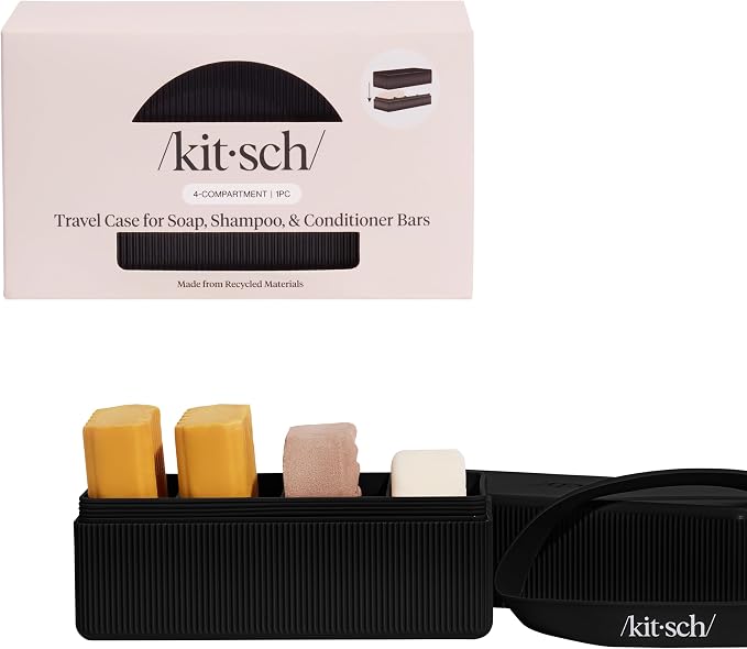 Kitsch 4-Compartment Travel Soap Case – TSA-Approved Bar Soap Holder | Travel Organizer, Bar Soap Case - Lightweight, Durable, Leak-Proof, Made from Recycled Plastic – Black