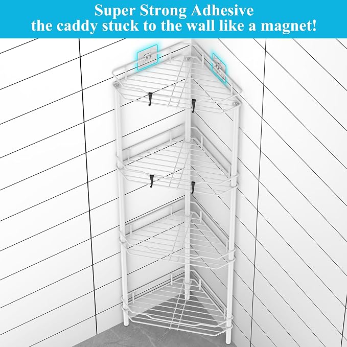 Metal Floor Standing Corner Shower Caddy, White, 4 Tier | Adhesive Bathroom Organizer Shelves, Free Standing Shower Rack with Hooks, Hold Large Shampoo Bottles