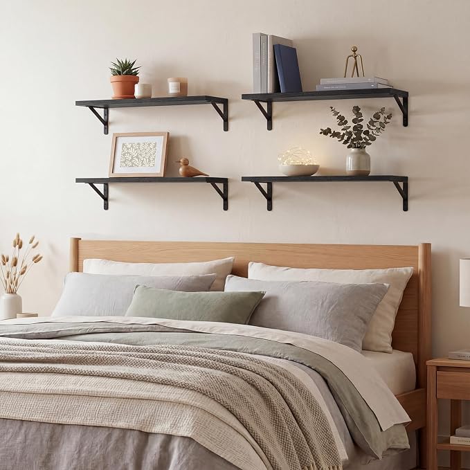 YGEOMER 23.6in Floating Shelves for Wall Home Decor, Black, Wood, Set of 4 | Rustic wood shelves with metal brackets. Space-saving for books & decor. Works in bathroom, kitchen, living room & bedroom.
