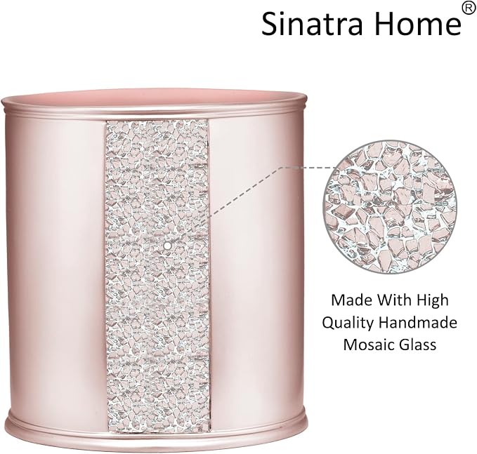 Zahari Home 2pc Sinatra Modern Bath Accessories Set Waste Basket & Tissue Box Modern Decorative Beautiful Designs Bathroom Decor Set for Home Blush Bathroom Set Mosaic Glass
