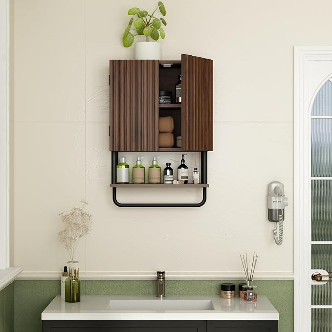 RUSTOWN Fluted Bathroom Wall Cabinet with 2 Doors, 3-Tier Medicine Cabinet | Modern Farmhouse Wall Mounted Cabinets, Over The Toilet Storage Cabinet, Adjustable Shelf and Towel Bar, Small