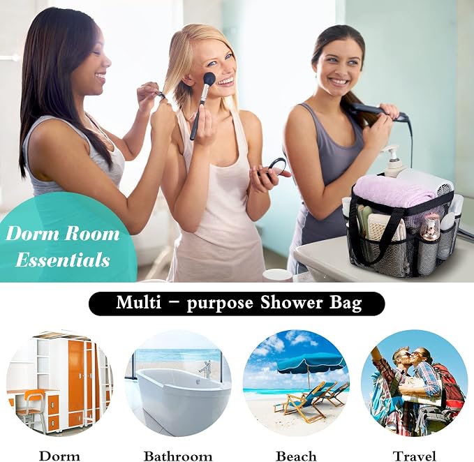 Mesh Shower Caddy Portable - 9 Pockets, Shower Bag for Dorm Room Camping | 2 Handle Quick Dry Shower Bag College Dorm Room Essentials Large Capacity Hanging Basket for Bathroom Travel Swimming Gym