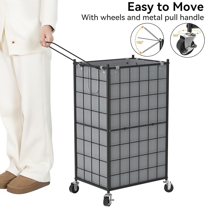 WOWLIVE Rolling Laundry Basket, Metal Wire Frame Laundry Hamper with Wheels | Hamper with Removable Bag, 100L Dirty Clothes Hamper Organizer Dorm Room Storage for Bedroom, Bathroom, Grey