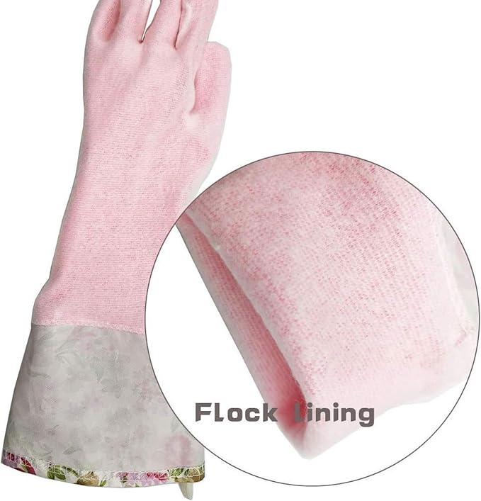 KINGFINGER Dishwashing Cleaning Gloves, 2 Pairs Reusable Rubber Gloves PVC Latex-Free Waterproof Long Cuff and Flock Lining Household Cleaning Gloves for Women