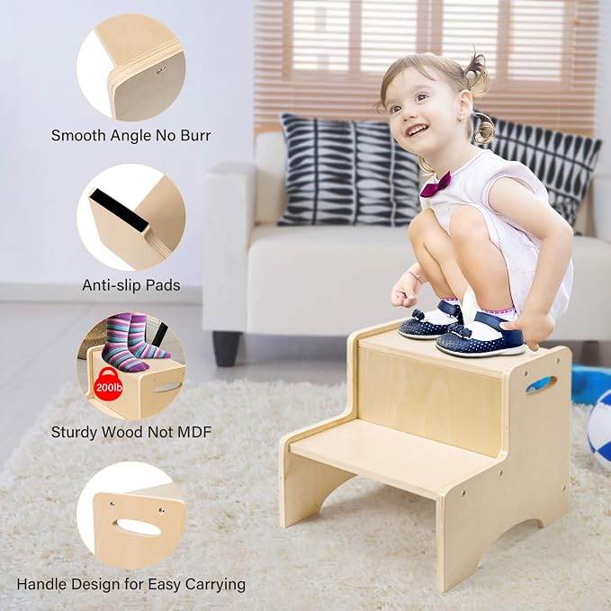 Wooden Toddler Step Stool for Kids, Bathroom Potty Stool & Kitchen Stool, Natural Two Step Stool for Bedroom, Children's Stool with Handles and Safety Non-Slip Pads