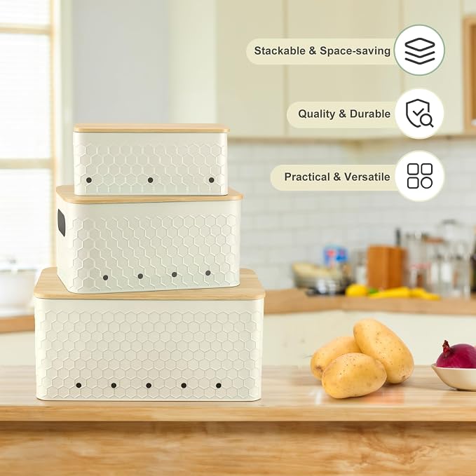 Kitchen Vegetable Storage Set of 3, Metal Onion Garlic Potato Storage Set, Kitchen Canisters Vegetable Keeper Containers with Aerating Holes and Bamboo Lid,Embossed Beige