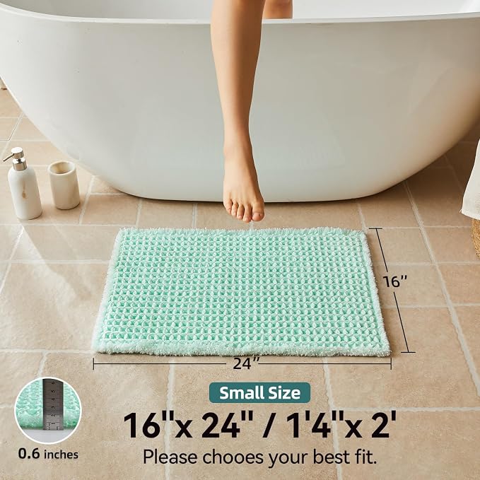 Triohero Waffle Bath Mat, Small Boho Bathroom Rugs Non Slip Washable, Ultra Soft Super Absorbent Quick Dry Farmhouse Bathroom Decor, 16" x 24", Sea Foam Blue