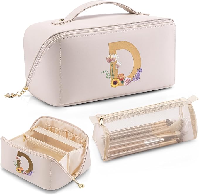 VLANDO Makeup Travel Bag with Separate Brush Pouch,Letter D,Off White | PU Leather Personalized Toiletry Bag,Open Flat Cosmetic Skincare Organizer,Gifts for Women,Bridesmaid,Teen