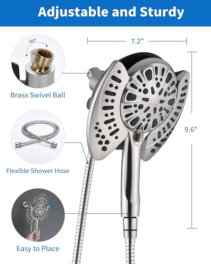 2 in 1 Shower Head with Handheld Combo High Pressure Nickel 2.5 GPM | 7.2" Rain Showerhead and 9 Spray Hand Held Shower, Adjustable Shower Angle, 59-inch Rotatable Stainless Steel Hose