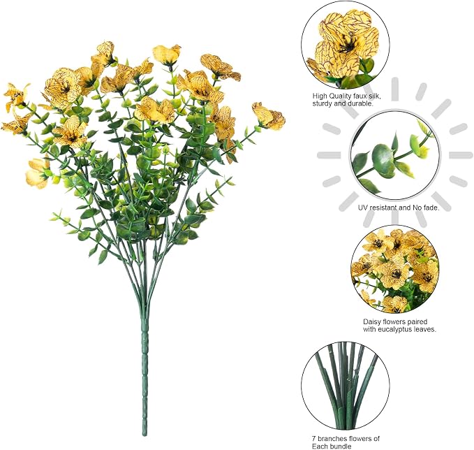 Artificial Fall Flowers Faux Mums for Outdoor Indoor Garden Home Decoration, Faux Flower Daisy with Eucalyptus Leaves Fake Mums Plants Greenery Boxwood Porch Patio, 12 Bundles (OrangeYellow)