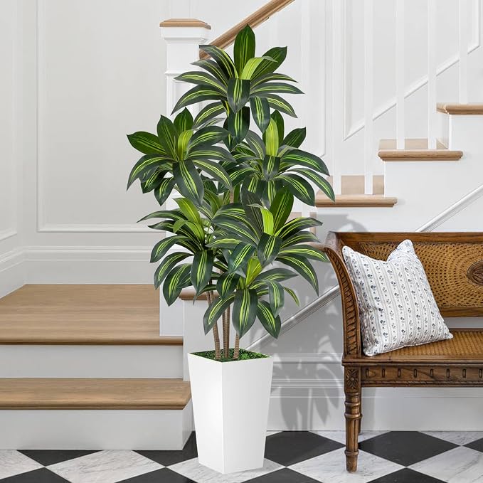 VIVATREES Dracaena Tree 6FT Artificial, 72in Tall Faux Dracaena Tree with 15.7 White Planter, Fake Potted Tree for Indoor & Outdoor Home Office Decor
