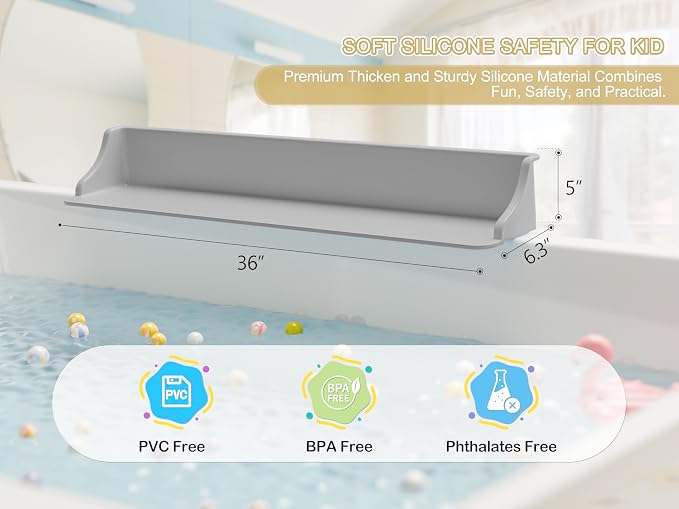 Cushore 3-Ft Bathtub Splash Guard PlayPad with Strong Suction Cups, Toy Tray Caddy Holder Storage, No-Leak, Mess-Free Bath Time for Kids, Grey