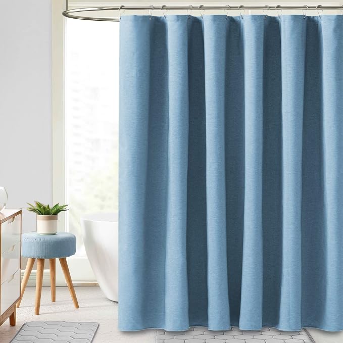 Moonlight Blue Linen Textured Waterproof Fabric Shower Curtain, 72x72 | 230GSM Polyester, Heavy Duty Cloth, Weighted Hem, 12 Plastic Hooks, Modern Hotel Style, Machine Washable, Bathroom Decor