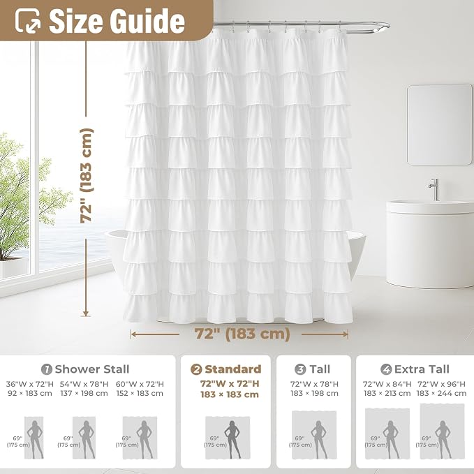 White Ruffle Shower Curtain Farmhouse Style Shower Curtain, 72" x 72" | Cascading full-length fabric tiers, soft dimensional texture, vintage shabby chic styling for decorative bathroom updates