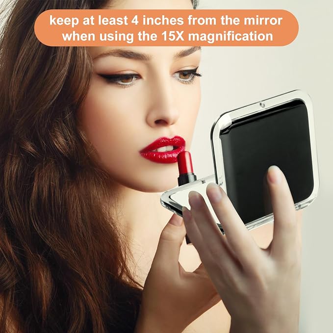 SANTOO Compact 15X Magnifying Makeup Mirror for Travel, Small Pocket Mirror-Handheld, Foldable & Portable 2-Sided with 15X Magnifying and 1X Mirror for Purses - Square 3.3 x 3.3 inch (Black)