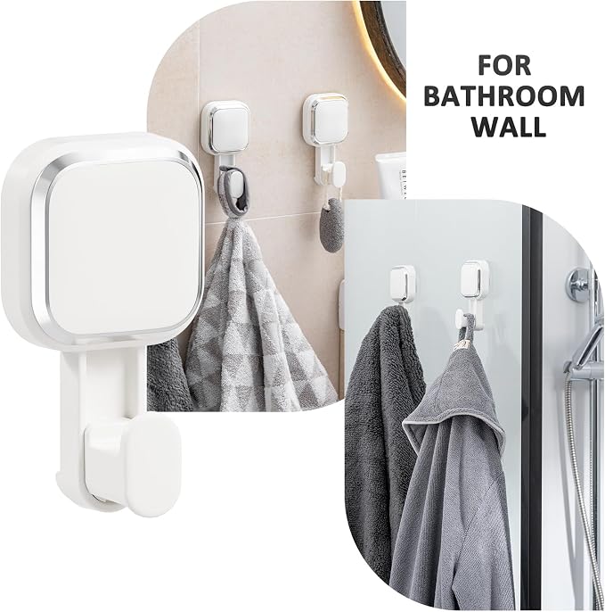 Suction Cup Hooks for Inside Shower 4 Pack, Versatile Powerful Vacuum Suction Shower Holders for Towel, Loofah, Clothes, Damage Free Wall Hanging Bathroom Hooks, Easy to Install, White