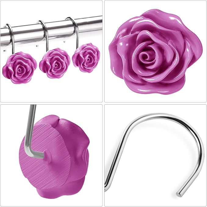 Cute Rose Floral Shower Curtain Hooks Rings for Bathroom,Burgundy 12PCS | Metal Rustproof Curtain Hooks Shower Rings,Girls Decorative Flower Bathroom Decor,for Bathroom Shower Rods