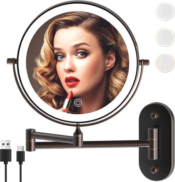 8" Wall Mounted Makeup Mirror,Oval Base, 10X, Oil Rubbed Bronze | Rechargeable Lighted Makeup Vanity Mirror,Double Sided Dimmable,Magnifying,3 Color Lighting,360 Rotation Shaving,Women Gift