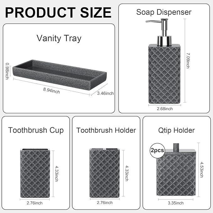 Bathroom Accessories Set Resin 6PCS, Square Toothbrush Holders Set Complete with Soap Dispenser, Vanity Tray, Tumbler, Cups and Cotton Swab Jars (Gray Diamond, Resin Bath 6 PCS)