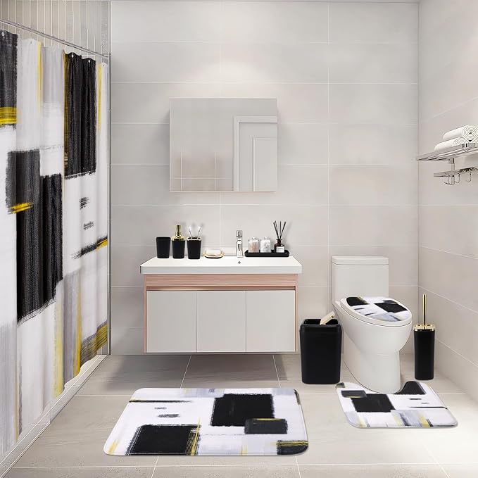 XLHOMO Bathroom Set - Black Bathroom Accessories Set, Bathroom Sets with Shower Curtain and Rugs, Black Shower Curtain Set with Bathroom Trash Can, Soap Dispenser, Soap Dish for Home Decor