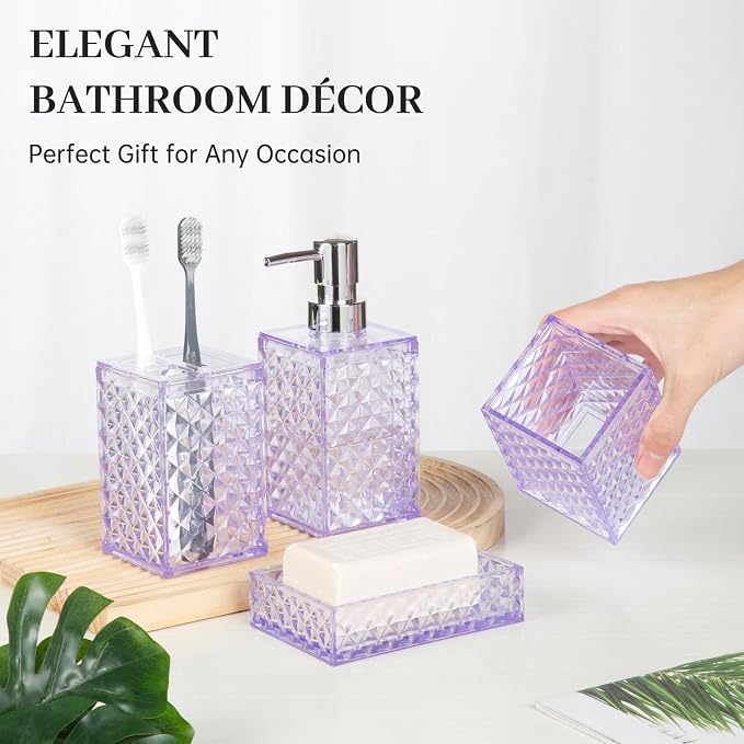 Bathroom Accessory Set, Grid Pattern 4 Pcs Plastic Bathroom Set, Purple | Include Soap Dispenser, Soap Dish, Toothbrush Holder, Mouthwash Cup, Modern Bathroom Decor Set