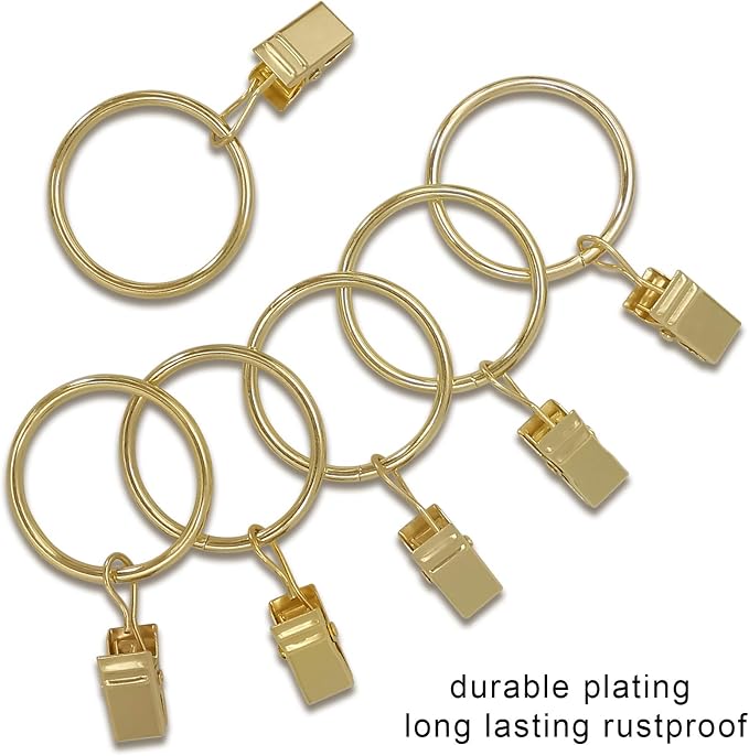 90 Pack Curtain Rings with Clips, Drapery Clips with Rings, Drapes Rings 1.26 in Interior Diameter, Fits up to 1 in Curtain Rod, Gold Color