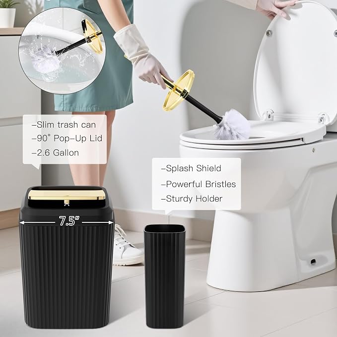 21PCS Bathroom Sets with Shower Curtain and Rugs Bathroom Accessories Set Black Bathroom Set Complete with Trash Can, Toilet Brush, Qtip Holder & 3PCS Soap Dispenser