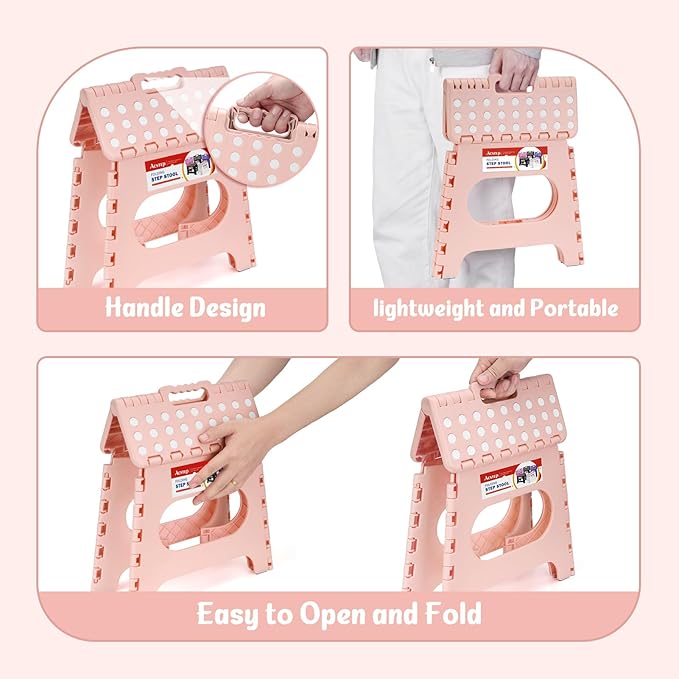11" Folding Step Stool for Kids, Non-Slip Foldable Stool, Light Pink | Heavy Duty Collapsible Foot Stool, Lightweight with Built-in Handle, Holds 300 lb for Adults Kitchen Bathroom Bedroom Outdoor