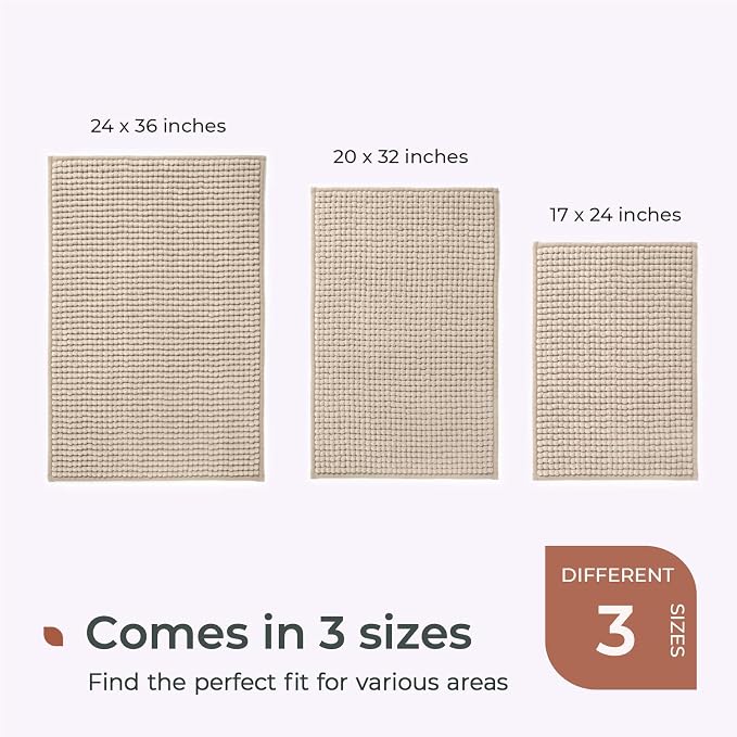 FRESHMINT Thick Chunky Chenille Bathroom Rug, Beige, 17"x24" | Non-Slip Backing, Water Absorbent Surface, Machine Washable Care, Cushioned Comfort, Bathroom Floor Use