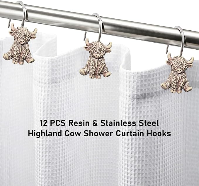 12 Pcs Highland Cow Shower Curtain Hooks for Western Rustic Bathroom Decor | Farmhouse Rings Hangers Rust Resistant Highland Cow Decor for Restroom Vintage Cowboy Bathroom Resin and Stainless Steel Hook