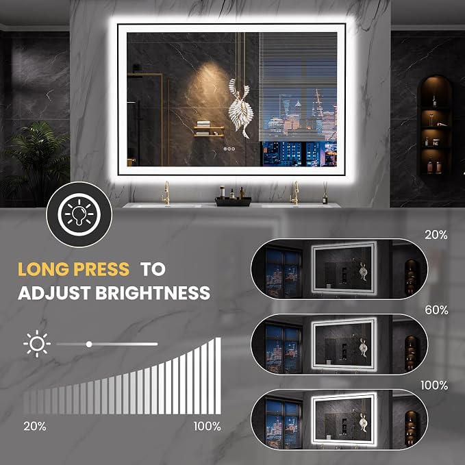 LOAAO 60"X40" LED Bathroom Mirror Black Framed | Anti-Fog, Dimmable, Memory Function, Tempered Glass, Lighted Vanity Mirror for Wall