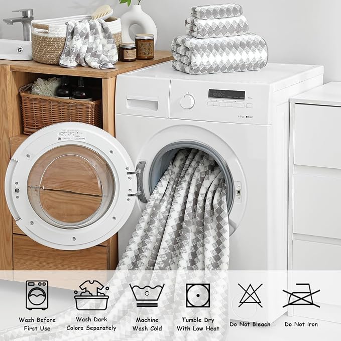 12 Pcs Light Gray Diamond Towel Set-4 Bath Towels,4 Hand Towels,4 Washcloths Soft Polyester Towels with Loop Absorbent Shower Towel Quick Dry Beach Chair Towel Family Towels for Bathroom Spa Gym Pool