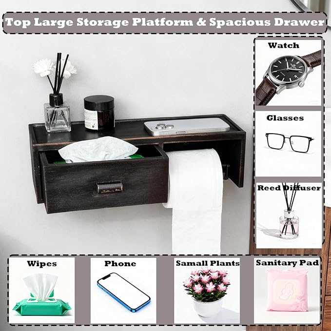 Bamboo Toilet Paper Holder with Shelf, Vintage Matte Black Wall Mount Bathroom Holder with Wet Wipes Storage Drawer