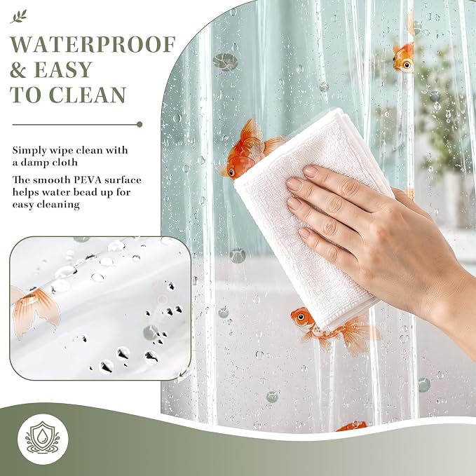 Clear Shower Curtain Liner, Goldfish Koi Fish PEVA, 72x72 Inch | Ocean Nature Waterproof Bath Plastic Shower Curtains Set with 3 Weighted Magnets and 12 Hooks for Bathroom Decor