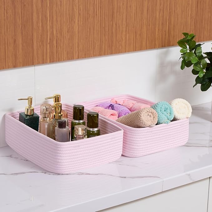 MiniArk Large Shallow Organizing Baskets 15x11x5.1 Inches - Rope Woven Storage Bins for Bathroom, Shelves, Cube Closet, Light Pink 2 Packs