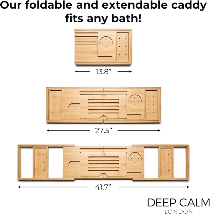 Deep Calm Bathtub Tray Caddy - Bamboo Foldable Bath Tub Table, Expandable Bath Tray Holds All Bathtub Accessories, Perfect Luxury Relaxing Gift for Self Care