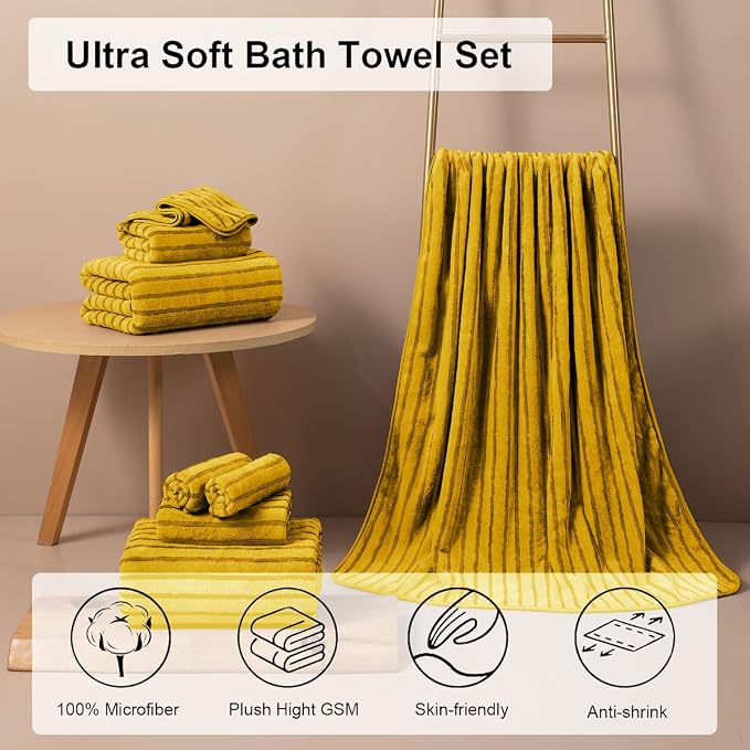 4 Pcs Ywllow Cabana Stripe Large Bath Sheets Soft Polyester Bathroom Towels | Fluffy oversized towel with hang loops absorbent quilck dry easy replacement family dorm sets for home beach pool gym yoga