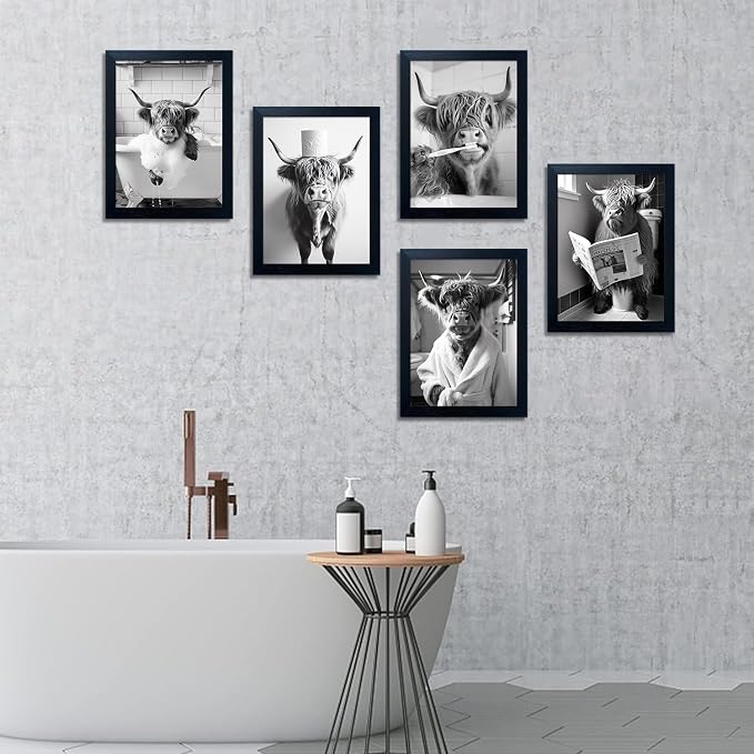 Framed Highland Cow Wall Art Funny Cow Bathroom Decor Cow With Toilet Paper on Head Pictures Wall Decor Black and White Animal Bathroom Artworks for Home