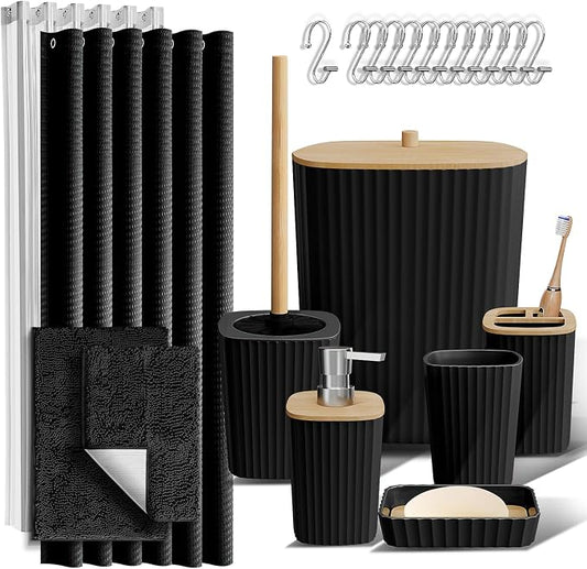 Clara Clark Black Bathroom Set, Bathroom Sets with Shower Curtain and Rugs | 22 Piece Bathroom Accessories Set with Toothbrush Holder, Soap Dispenser, Soap Dish, Toilet Brush, and Bathroom Trash Can